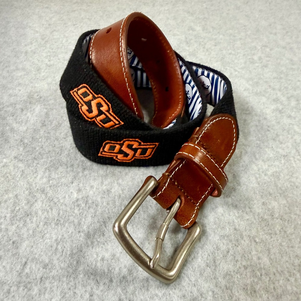 Peter Millar Oklahoma State University OSU Cowboys Leather Belt Black Brown 32